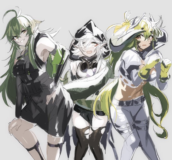 月次小隊のガヴィルさんとエステルちゃんの尻尾レスリングに巻き込まれるトミミちゃん描きました🐊 #アークナイツ 