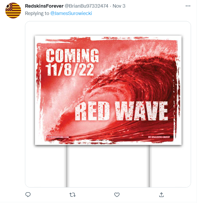 OK - here you go. A rogue's gallery of the red wave/red wedding predictions. I'm only including terrible forecasts made by high-profile people - if I included all the ones made in my mentions by Brians bunch of numbers (like the one below), the thread would be 100 tweets long.