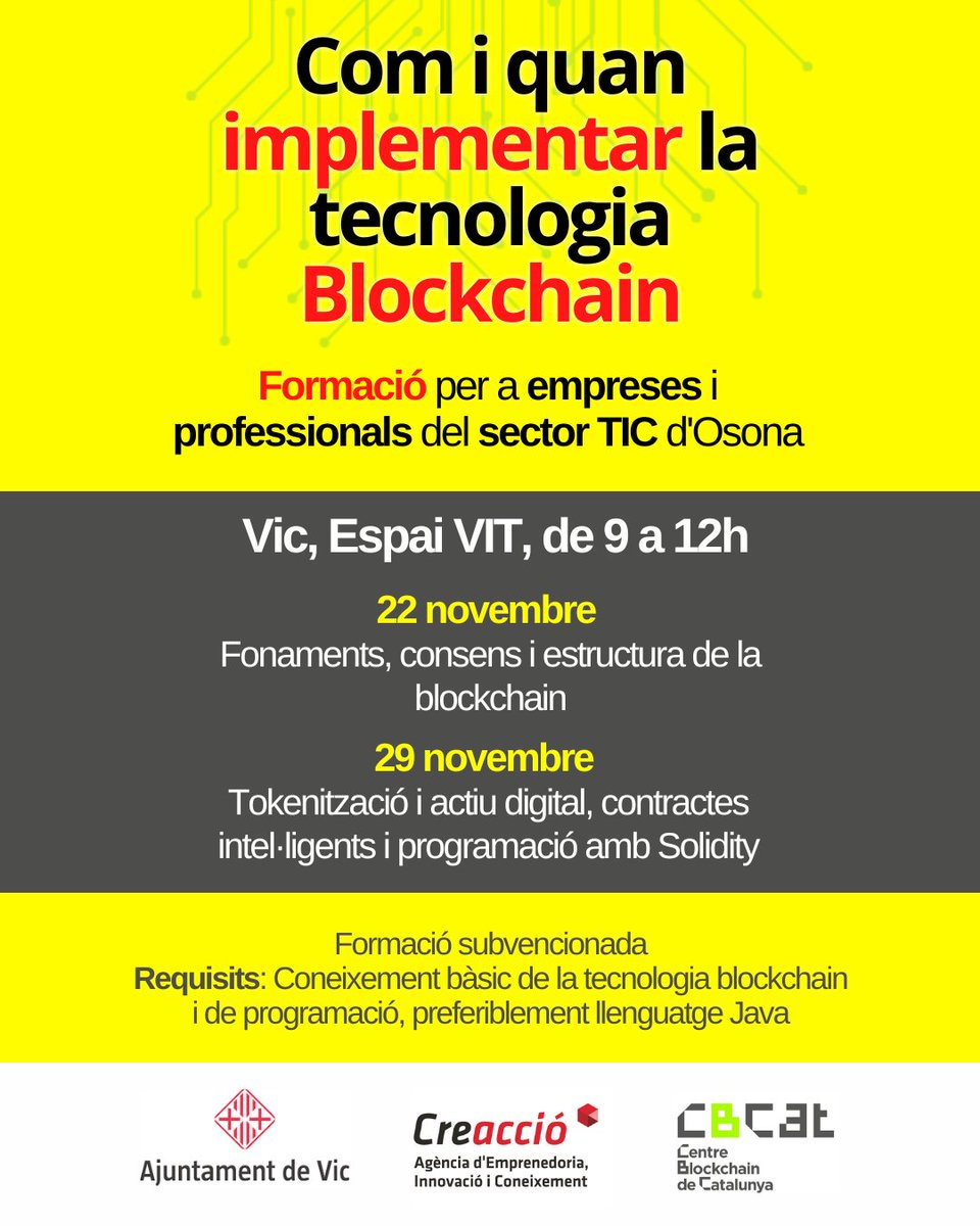 Com i quan implementar la tecnologia Blockchain

Formació subvencionada per a empreses i professionals del sector TIC d'Osona
Vic, Espai VIT | 22 i 29/11 | 9 a 12h

Insciu-te aquí 👉🏼 docs.google.com/forms/d/e/1FAI…

Més informació 👉🏼 creaccio.cat/com-i-quan-imp…
