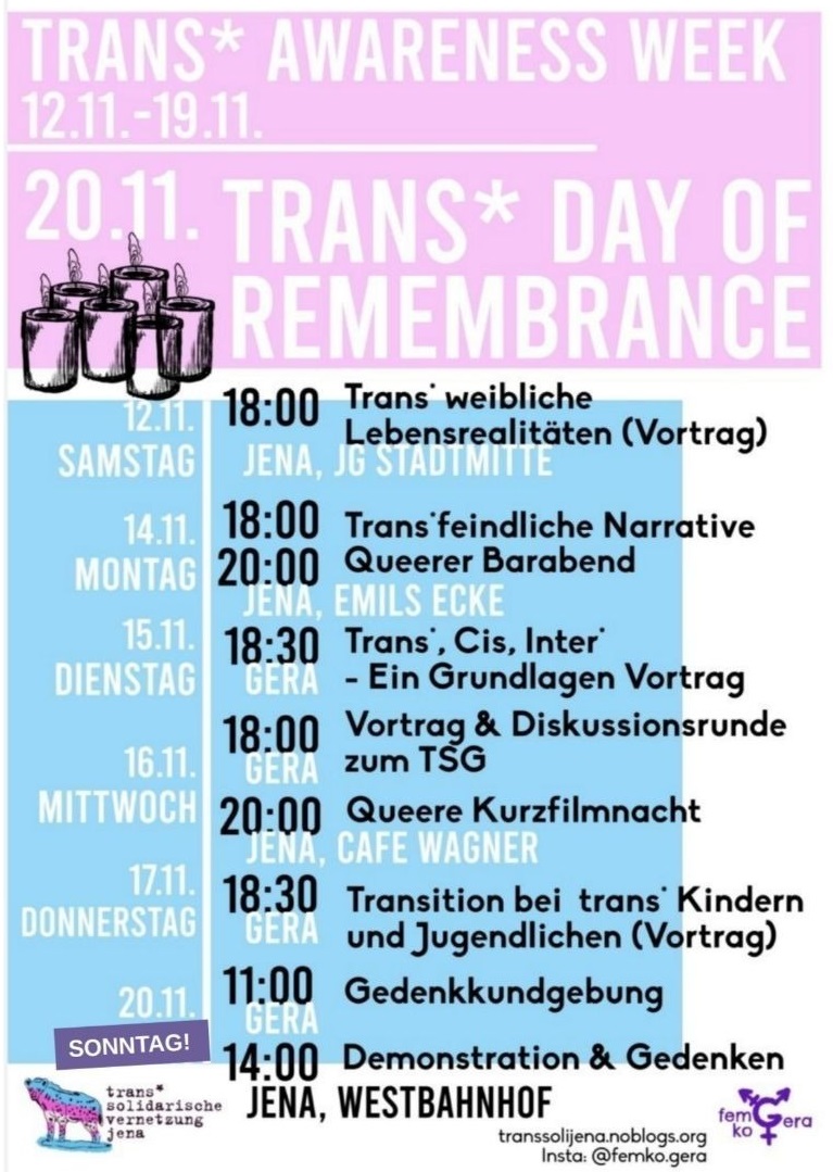 Nächste Woche ist die internationale Trans* Awareness-Week und der Trans* Day of Rememberance, an welchem jedes Jahr weltweit an die Todesopfer trans*feindlicher Gewalt und Hasskriminalität erinnert und gedacht wird.  #tdor2022 #TransWomenAreWomen