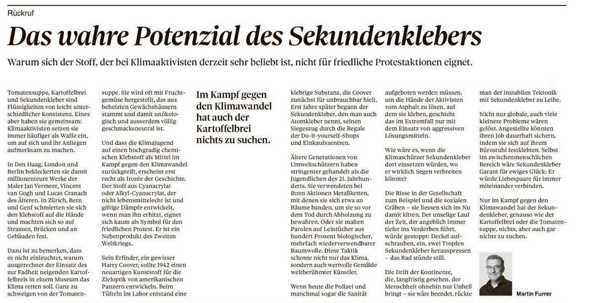 Baselobserver's tweet image. Kleine Anmerkung zu Klimaschützern und Sekundenkleber, BaZ vom 9.11.2022