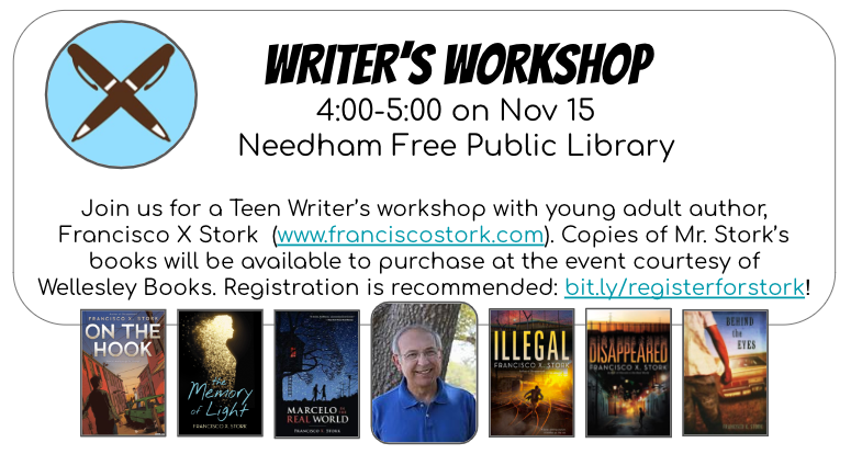 theNHSlibrary's tweet photo. So excited for the upcoming Writing Workshop from @StorkFrancisco! Tuesday, Nov 15th at the Needham Free Public Library - register at https://t.co/erJ5ZfBuIC https://t.co/93HYT11kNT