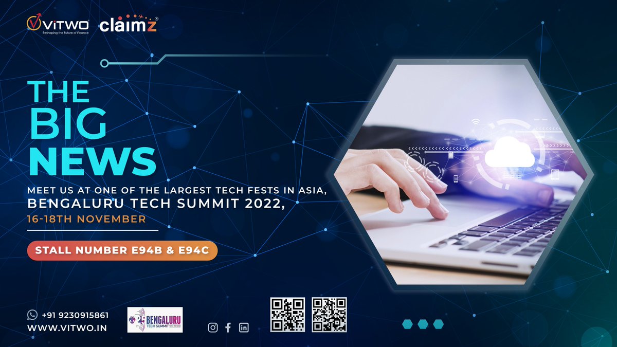 NeerajBhuwalka's tweet photo. ViTWO will be participating in the Bengaluru Tech Summit 2022 from 16th to 18th of November, 2022.
Find us at stalls- #E94B and #E94C, Bengaluru Palace, Karnataka.
#innovation #technology #StartupTrack #finance #financemanagement #vitwo #DigitalPublicGoods #BTS2022 #Tech4NexGen https://t.co/2tmt4Qo2eU