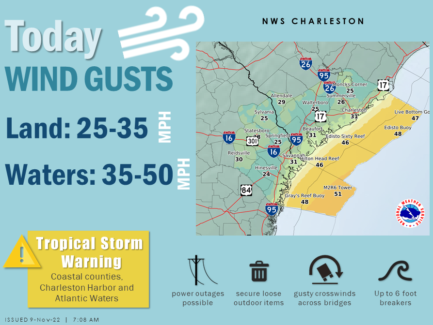 Breezy day as Tropical Storm Nicole treks westward towards Florida. For more information and specific impacts: nhc.noaa.gov and weather.gov/chs/ #savwx #chswx #scwx #gawx