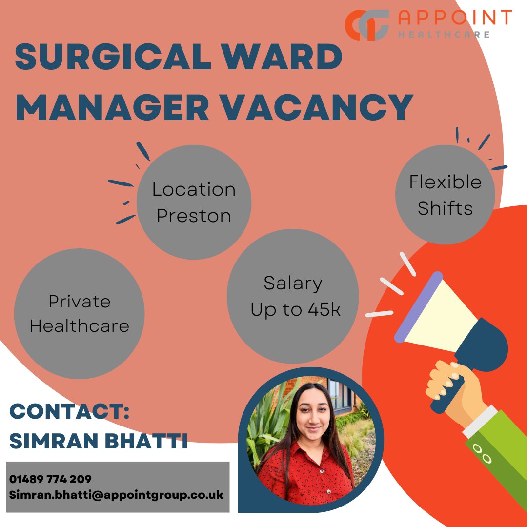 Exciting opportunity for a Surgical Ward Manager role in Preston. Contact Simran on 01489 774209 / simran.bhatti@appointgroup.co.uk who would love to help! Apply here: loom.ly/QJ7lP4M

#surgicalmanager #wardmanager #managementjobs  #preston #prestonjobs #surgicaljobs
