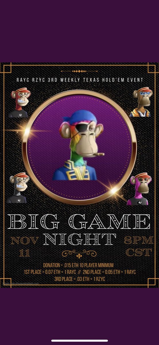 StayRareNFT's tweet photo. 🫵READY? #RAYC #STAYRARE 
Friday Night Poker
When - 11-11-22
Where - Club GG Room ID:434169
10 Player Minimum
Time - 8pm Central
Twitter Live 7pm Central
Donation - 0.015 eth
1st Place = .07 eth + 1 RAYC
2nd Place = .05 eth + 1 RAYC
3rd Place = .03 eth + 1 RZYC https://t.co/LzuOTwxuja