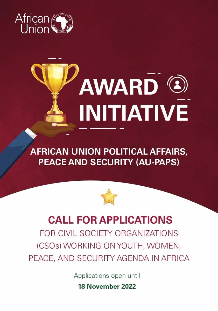 TheWIPCentre's tweet photo. 🔔Calling #WPS + #YPS actors in Africa to apply for the @AUC_PAPS @GPSP_AU awards initiative in recognition of and support for the important role that civil society plays in implementing the WPS and YPS agenda.

📅Apply by 18.11.2022
🔗Details: https://t.co/fGfBmljLSC
#Yesto1325 https://t.co/zim403YLRp
