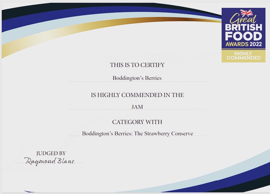 Boddington's Berries (@boddingtons__) on Twitter photo Our strawberry conserve has been awarded...
- HIGHLY COMMENDED in the GREAT BRITISH FOOD AWARDS 2022 – <a href="/gbf_mag/">Great British Food</a>
This is big news for a little business, from the hundreds of national entries and we were still ranked highly – many thanks to all those involved!
#bloominchuffed Our strawberry conserve has been awarded...
- HIGHLY COMMENDED in the GREAT BRITISH FOOD AWARDS 2022 – <a href="/gbf_mag/">Great British Food</a>
This is big news for a little business, from the hundreds of national entries and we were still ranked highly – many thanks to all those involved!
#bloominchuffed