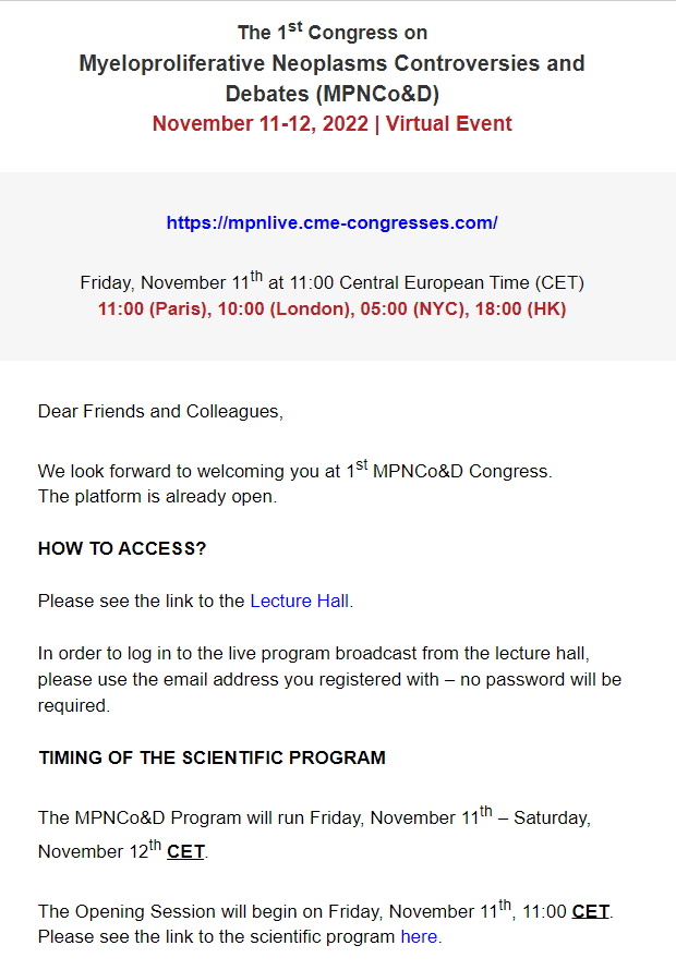 Here is some helpful information for the MPNCo&D delegates as we look forward to welcoming you at the 1st MPNCo&D Congress in just 2 DAYS: itnewsletter.itnewsletter.co.il/sending/webpag… The platform is ready & OPEN:mpnlive.cme-congresses.com @doctorpemm @harrisoncn1 @mpdrc