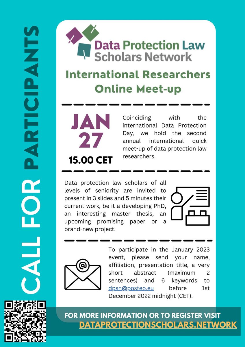 Celebrate Data Protection Day with us! Data Protection Scholars Network is once again holding an online meet-up event for #dataprotection researchers on January 27, 2023. Want to participate? Send in your details by December 1, 2022. More… eupolicy.social/@mariamagiersk…