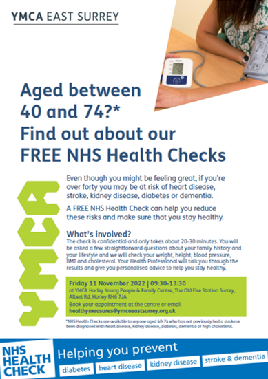 Our Health and Wellbeing team will be at the YMCA Young People and Family Centre in #Horley this Friday 11 November between 9:30-13:00, delivering free health checks.
See more information below.
<a href="/Horley_town/">Horley Town</a> <a href="/Horleyofficial/">Horley Official </a> <a href="/HorleyRBL/">Horley RBL</a>