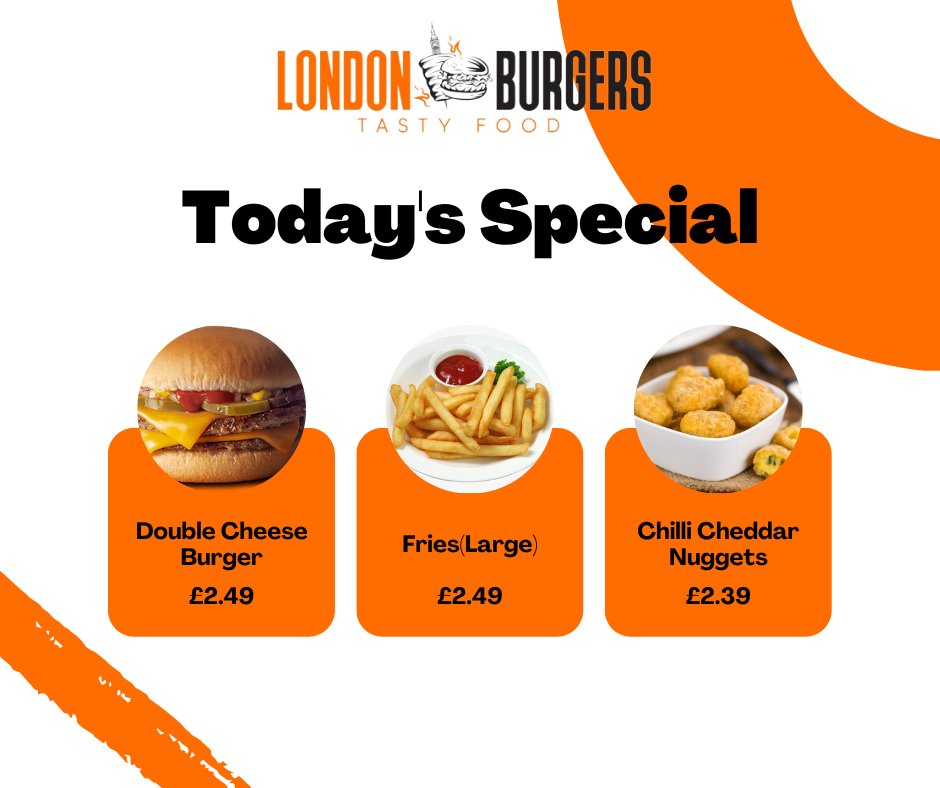 Today's special deal for you. Good Food, Good Mood.
#foodlover #hungry #delicious #burgers #fries #burgertime #chickenstrips #tastyfood #foodies #yummyfood #fastfood #deliciousfood #londonburgers