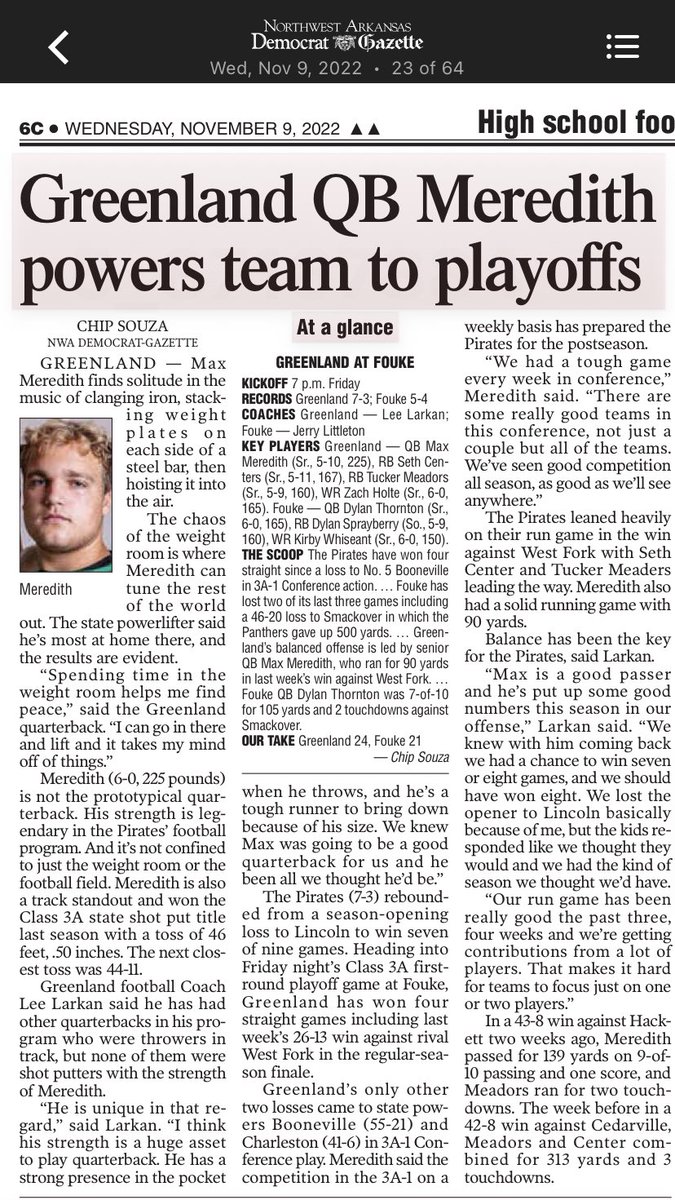 Great article in the newspaper today! Thank you <a href="/NWAChip/">CHIP SOUZA | Hawgs Sports Network</a> &amp; <a href="/nwademgaz/">NWA Democrat-Gazette</a> for covering high school sports! @GHSPirateFball <a href="/leelarkan/">Lee Larkan</a> <a href="/MaxRM_03/">Max Meredith</a>