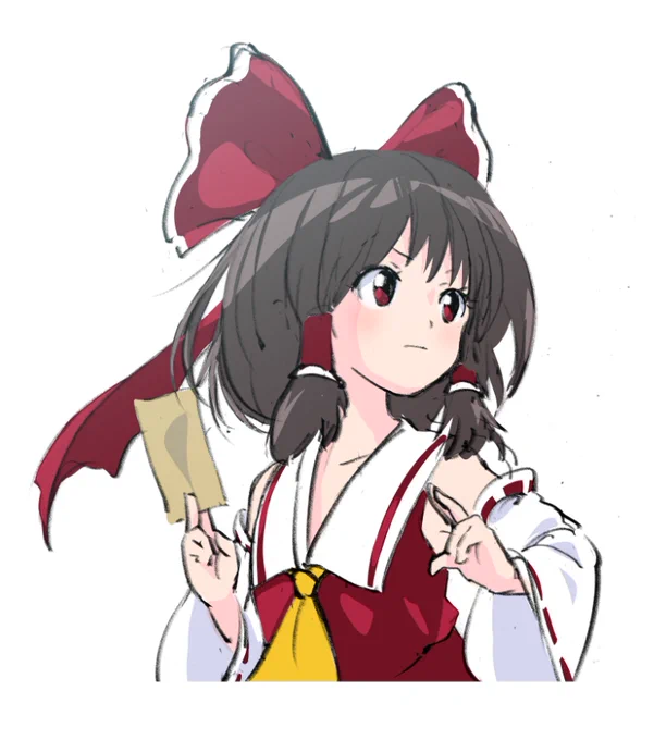 霊夢はなんとなくロングヘアの印象で居たけど 実際セミロングですね  #東方 