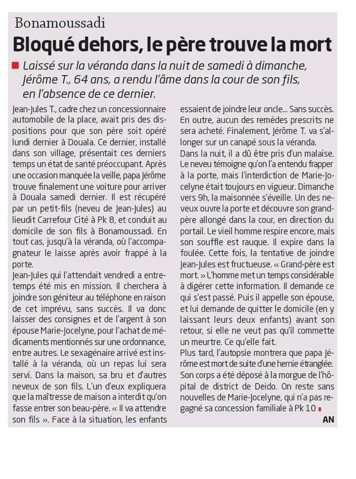 CamerounTribune's tweet photo. Fait divers : bloqué dehors, le père trouve la mort https://t.co/8Yodcpsspi