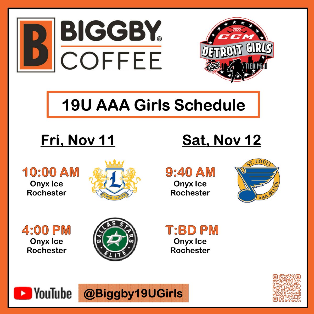 It is time for CCM Detroit! Can't wait to get the games started in Rochester. 

<a href="/BiggbyAAAGirls/">Biggby AAA Girls Hockey</a>   

#orangevseverybody