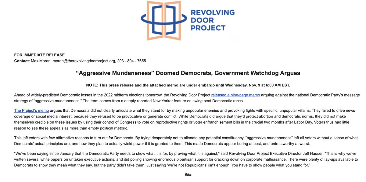 i think advocacy groups should rethink drafting election postmortems before the election! this was from @revolvingdoorDC and sent to reporters November 7, embargoed for this morning