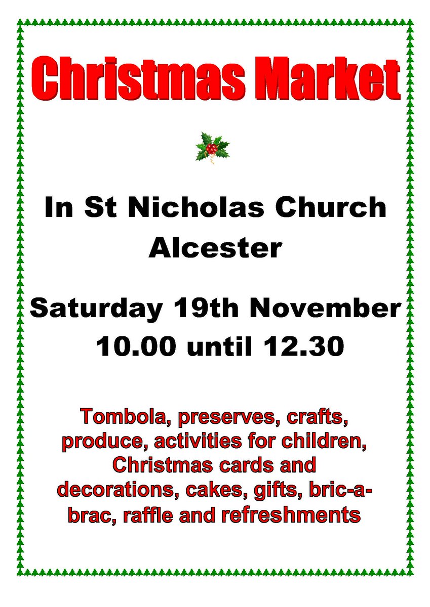 Reminder: The St Nicholas Church Christmas Market is Saturday 19 November 10. am to 12.30 pm. Come and join the fun.