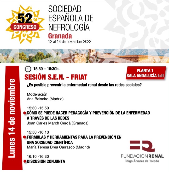 SENefrologia's tweet photo. 🔎Sesión PACIENTES en #Senefro22 (lunes 14 de noviembre 2022):
1. Sesión S.E.N. @friat_es ¿Es posible prevenir la enfermedad renal desde las redes sociales? Modera @abalseiro 
2. Sesión S.E.N. @FNALCER Modera @ManuelGorostidi 👇👇 https://t.co/NM1wZ6FzG8