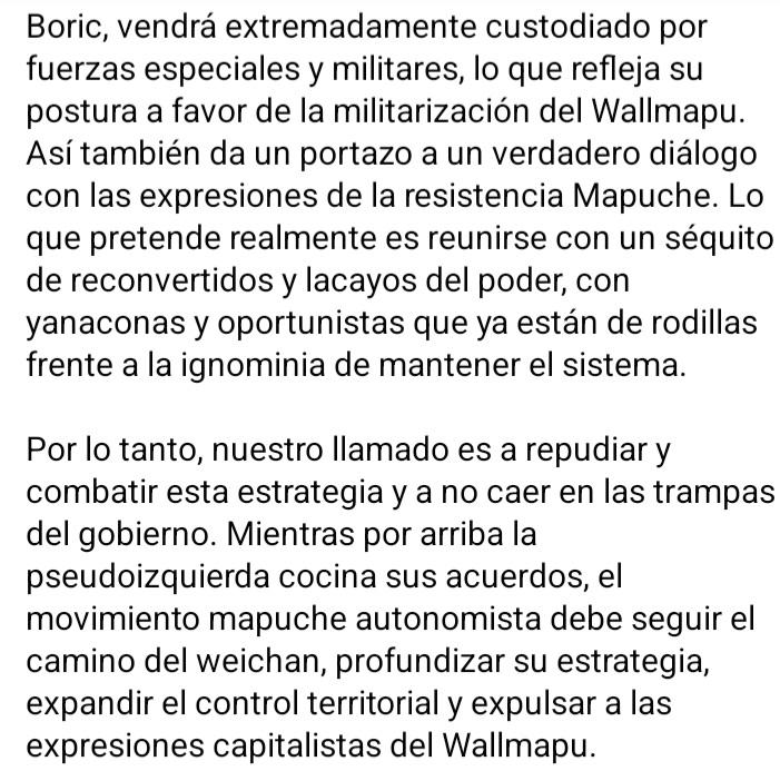 WallmapuResiste's tweet photo. 🔴Comunicado
#FueraBoricDelWallmapu
Ante la visita de Gabriel Boric al Wallmapu, la CAM declara: https://t.co/mZEBHdG6PX
