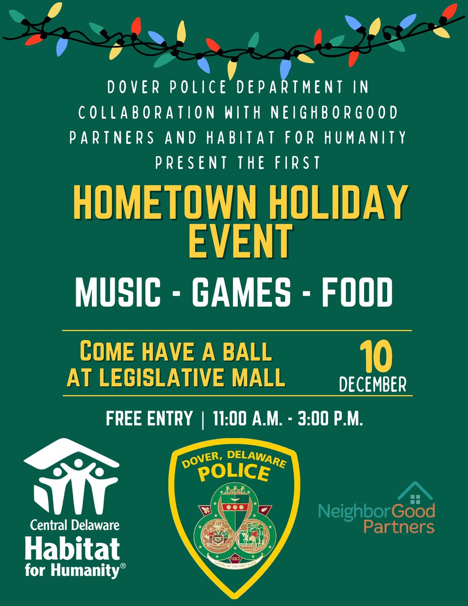 DoverDEPolice's tweet photo. Hey Dover! 

Come out to Legislative Mall on Saturday, December 10, 2022 from 11:00 a.m. - 3:00 p.m. for our first ever Hometown Holiday event. There will be games, music, food and more!

We hope to see you and your family there! https://t.co/5rj2zqHtrb