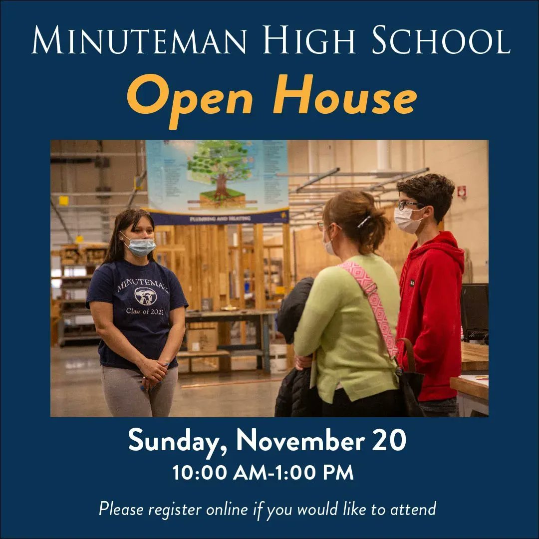 MINUTEMAN OPEN HOUSE ON SUNDAY, NOV. 20:

Minuteman High School will hold its annual Family Showcase open house on Sunday, November 20, from 10:00 AM-1:00 PM here at the school. Please register online if you would like to attend: buff.ly/3E1cHVt 

#MinutemanHS #CTE