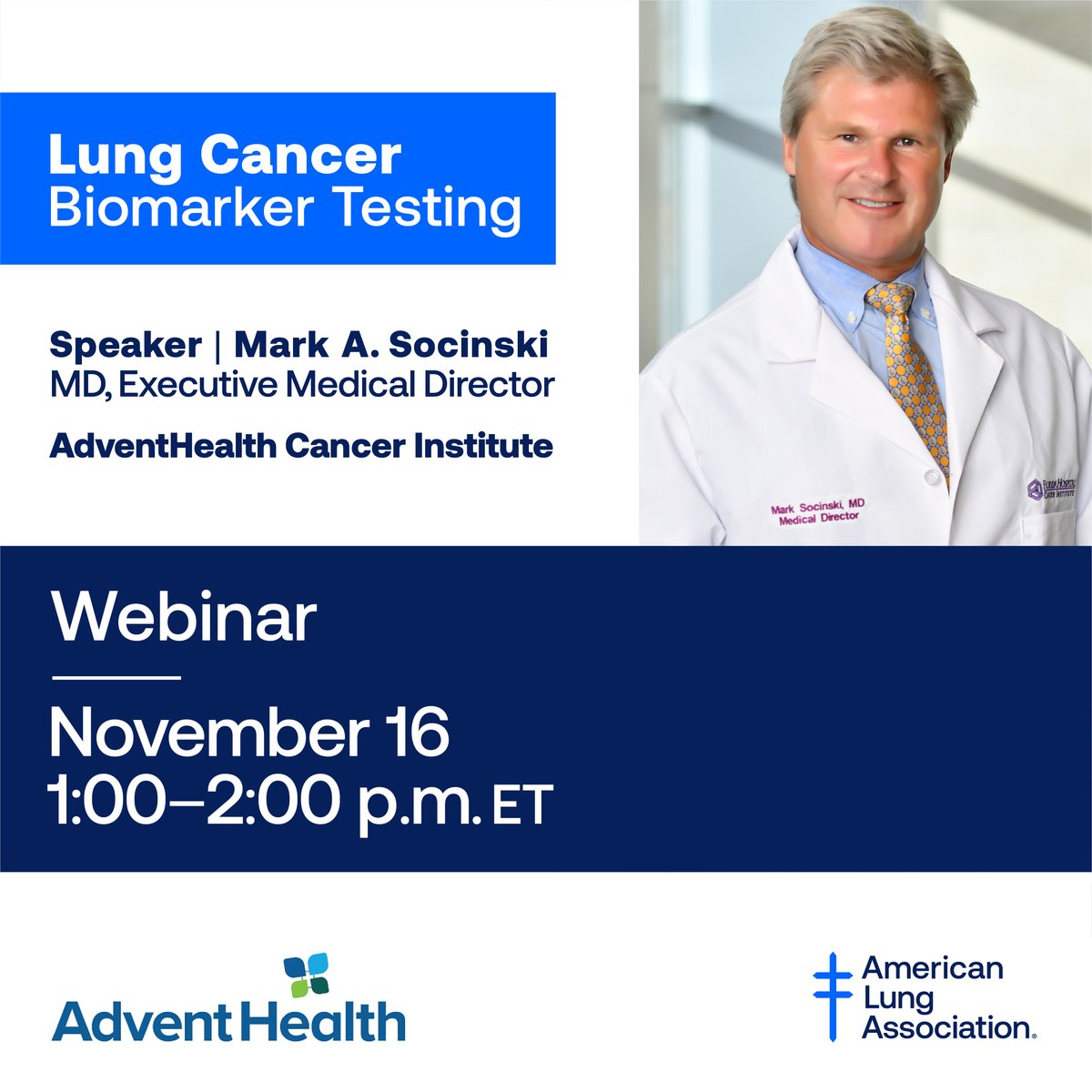 LungAssociation's tweet photo. Join us on Wednesday, November 16 when Dr. Mark A. Socinski of @AdventHealthMD leads our #LungCancer Patient Virtual Meetup about biomarker testing. For more information and to register, visit: https://t.co/ss0x28wM4Z https://t.co/Nv0XOYJr0A