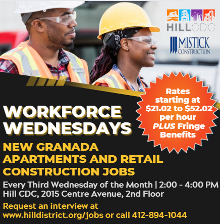 myhilldistrict's tweet photo. ๐ง We are one week out from Workforce Wednesday. If you or someone you know is looking for employment, request an interview today at https://t.co/AMr8rMBVFG.
#HillDistrict #Pittsburgh #EconomicDevelopment #Share #Hillcdc #Workforce #NewGranadaSquare https://t.co/zYpfWnQlEZ