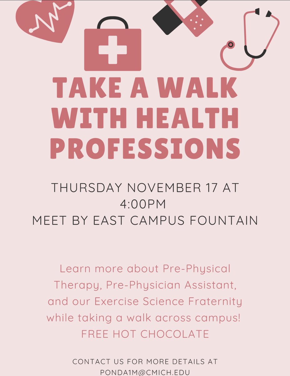 CMUPrePA's tweet photo. SOCIAL: Next Thursday Nov 17th at 4pm we will be doing a walk through campus for pre-health majors or interests. We will be walking from the East Campus fountain to the Health Professions building. There will also be free hot chocolate and snacks! You can earn 1 member point. https://t.co/pcjAjxmwI9