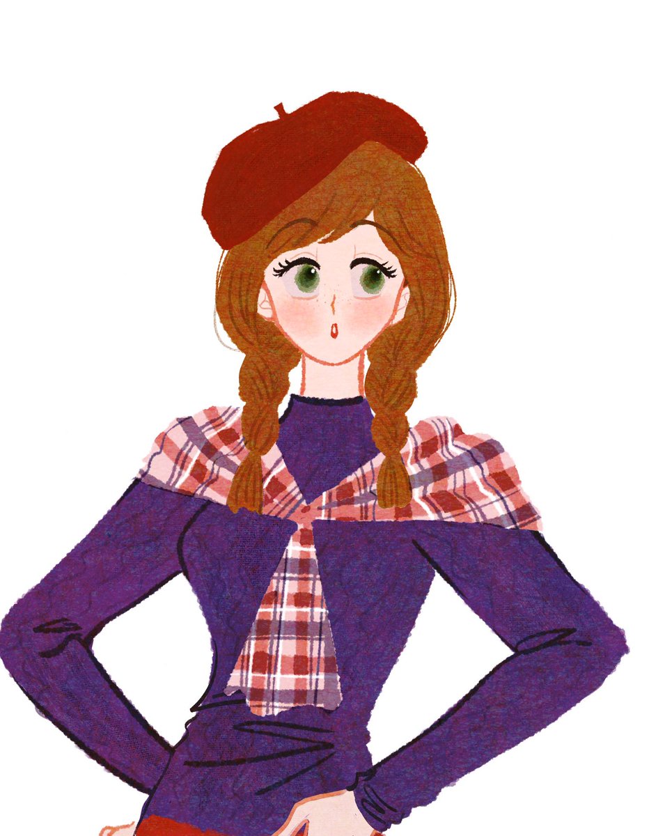 1girl solo hands on hips hat twin braids green eyes brown hair  illustration images