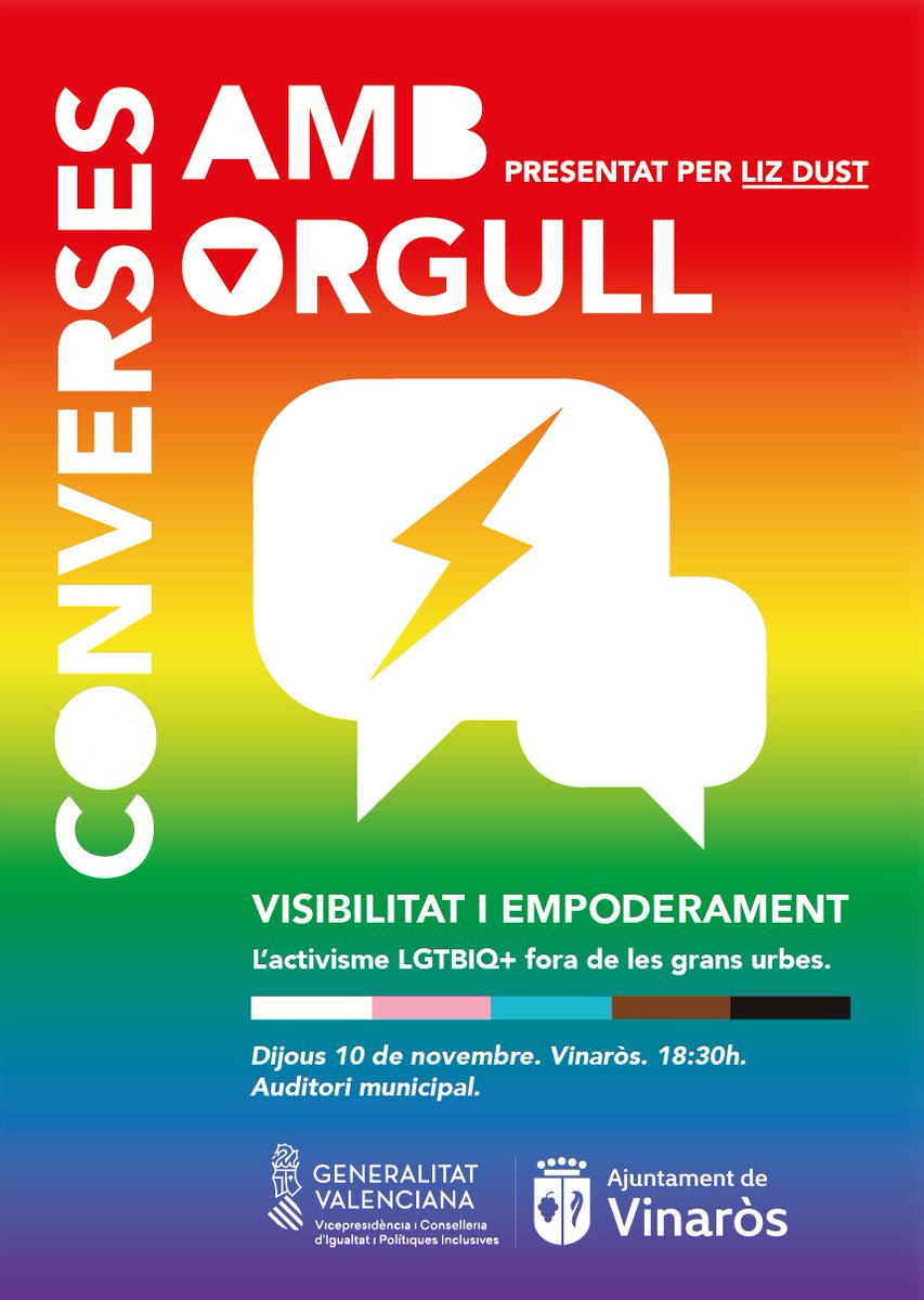 GVAIgualtat's tweet photo. 🏳️🌈 Aquesta setmana el cicle #ConversesAmbOrgull viatja a #Vinaròs per a tractar sobre visibilitat i empoderament del col·lectiu #LGTBIQ+ més enllà de les grans ciutats
🗓 10 de novembre
🕖 18.30 hores
📍 Auditori municipal
👥 Amb #LizDust
T'esperem! 👍
@Vinaros_Ajunt https://t.co/hszUWsHlsd