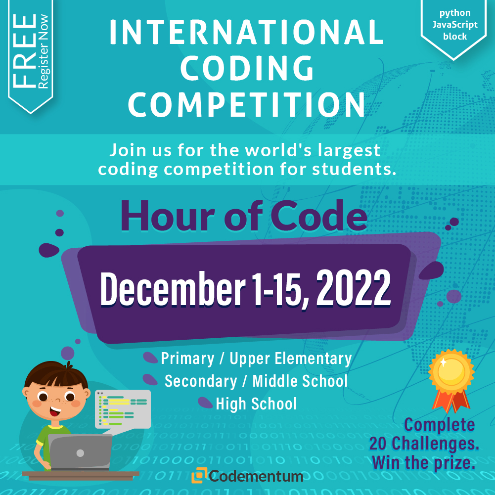 Codementum1's tweet image. It’s that time of year again! #HourOfCode time. Join us for the world's largest Coding Competition for students.
codementum.com/hour-of-code
#Competition date is December 1-15th, 2022
#CSEverywhere #CSEdWeek2022 #Coding @codeorg @CSforALL @csteachersorg #Python #Javascript @hadip