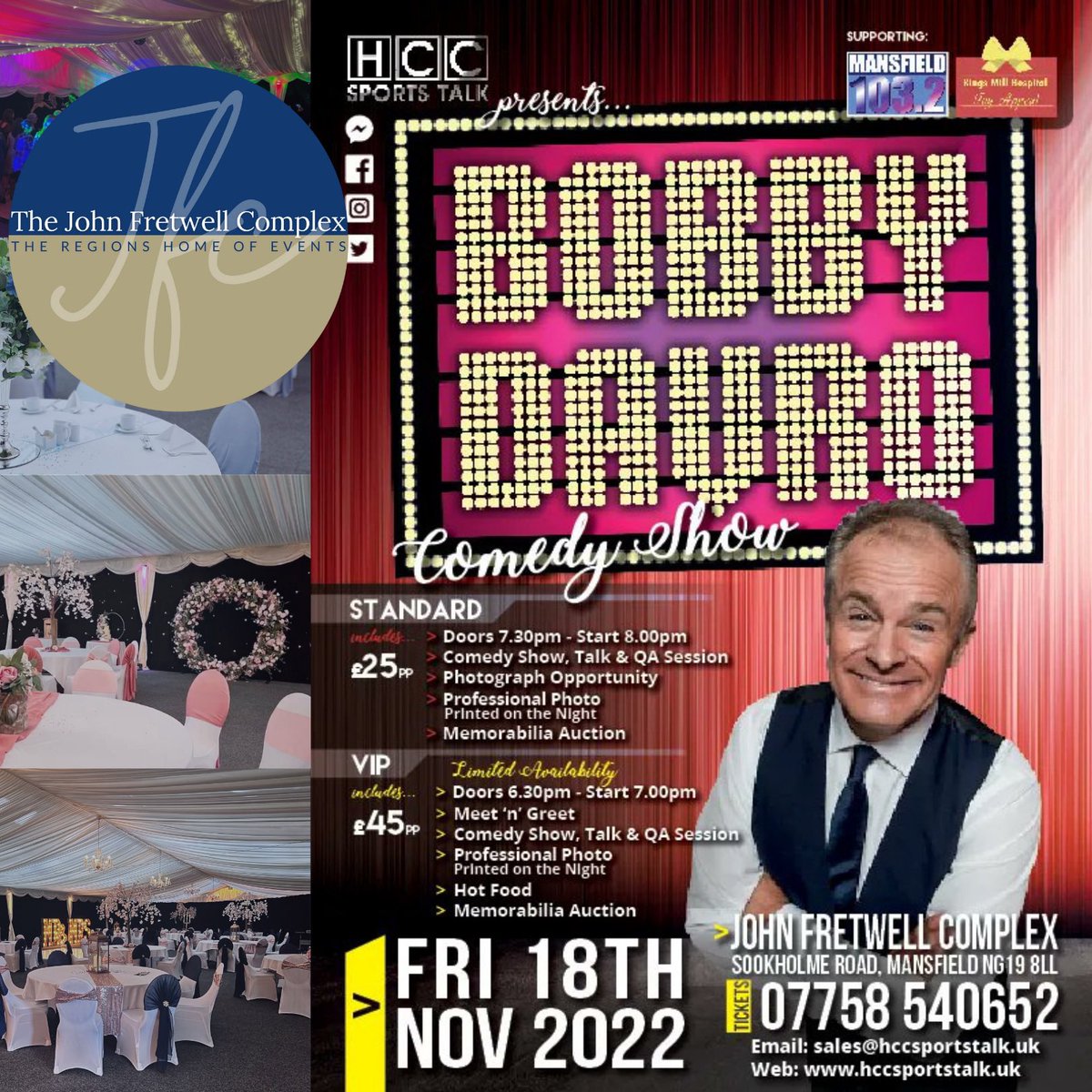 🤣 JUST OVER A WEEK UNTIL THE BOBBY DAVRO COMEDY SHOW 🤣- Friday the 18th November, as hosted by <a href="/hccsportstalk/">Carl</a>. Tickets start from £25pp.
To book call: 07758540652 or visit buff.ly/3fUbu98
