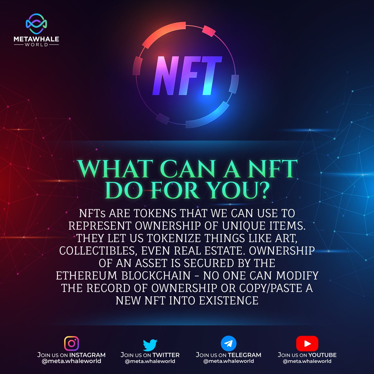 What can NFT do for you?
.
Stay tuned for more Updates.
.
.
#Metawhaleworld #Metaverse #metawhalethemoon #metaverseart #nftartwork #nfts #nftcommunity #cryptocurrency #cryptocurrencynews #Cryptoexchange #cryptoart #crypto #Cryptonews