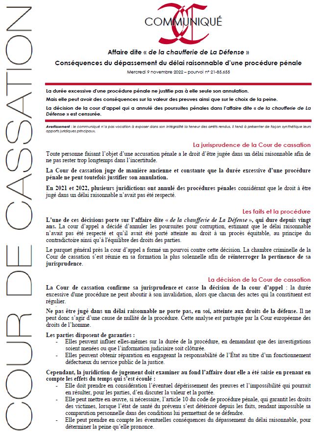 Courdecassation's tweet photo. ⚖️[Communiqué] Affaire de la chaufferie de La Défense > La durée excessive d'une procédure pénale ne justifie pas à elle seule son annulation mais peut avoir des conséquences sur la valeur des preuves et sur le choix de la peine. 
Communiqué &amp; décision > https://t.co/7tyf1YJYTI https://t.co/zh547PIbaT