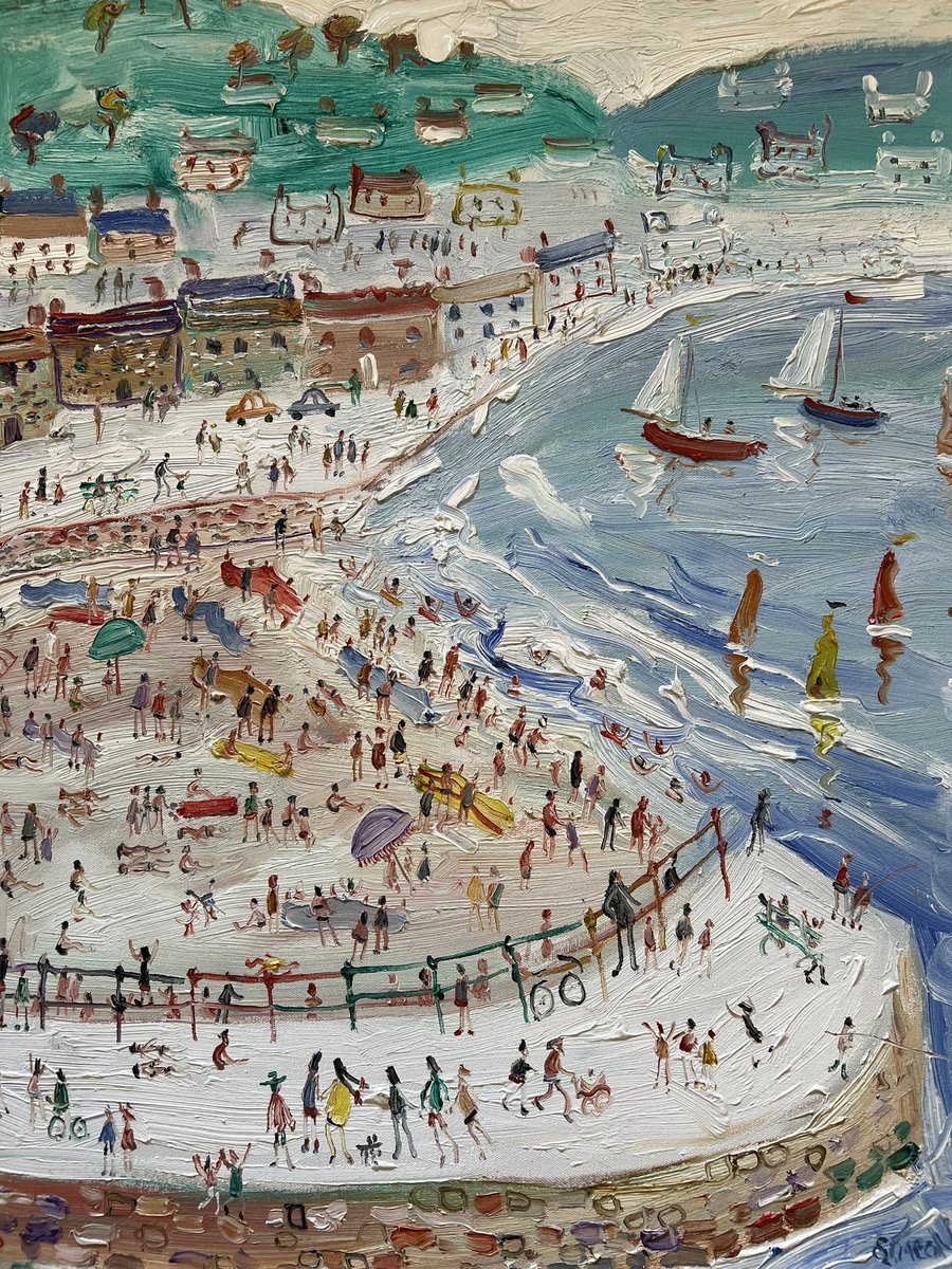 #mouseholeharbour by Simeon Stafford. Stafford was encouraged to paint by #lslowry an influence particularly visible here. Many of his figures appear in multiple paintings. #lowry #mousehole #cornwall #beautifulpainting #impasto #cornishcoast