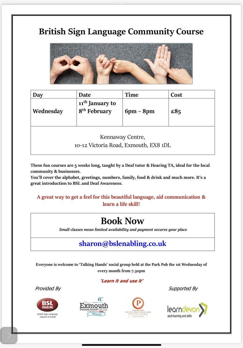 BSLEnabling's tweet image. 2023 BSL Community Course!
Looking for a unique Christmas 🤶 🎅🏻 gift for a loved one, or if your New Years 🎉 resolution is to learn a new life skill…then here is the perfect choice. Come learn a beautiful language in a fun, friendly environment 🤟🏻