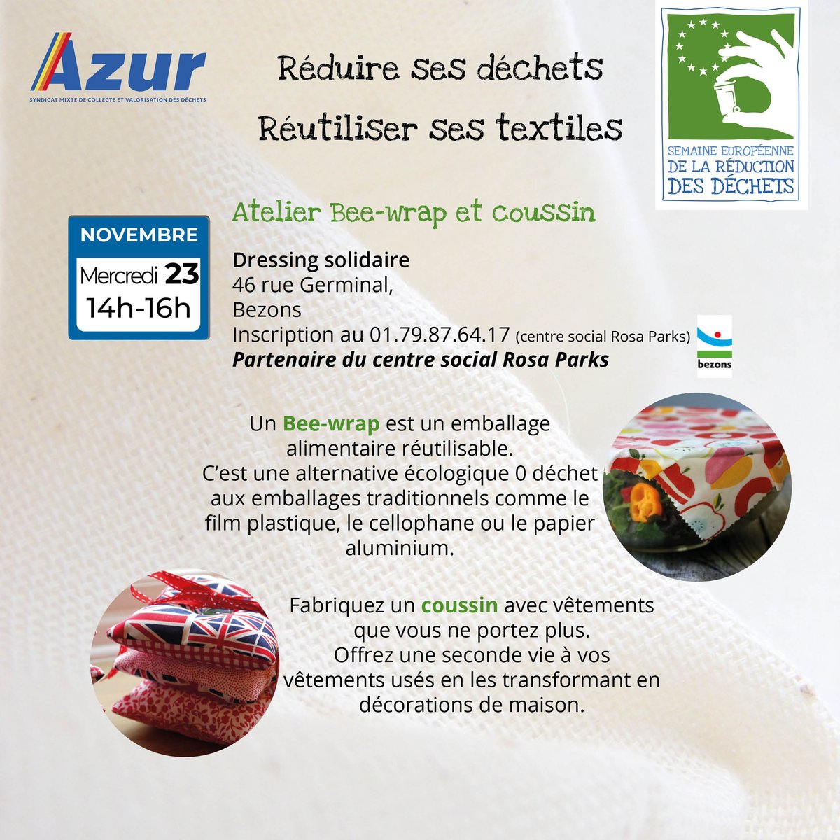 SyndicatAzur's tweet photo. C'est la ##semainederéductiondesdéchets2022
Participez à l'un de nos ateliers pour #réduirevosdéchets et #réutiliser vos textiles.
#tawashi #sac #cousumain #beewrap #0déchet #zérodéchet #SERD
@VilleArgenteuil @villedebezons @VilleCormeilles #lafrettesurseine https://t.co/baWxTAzJ2L