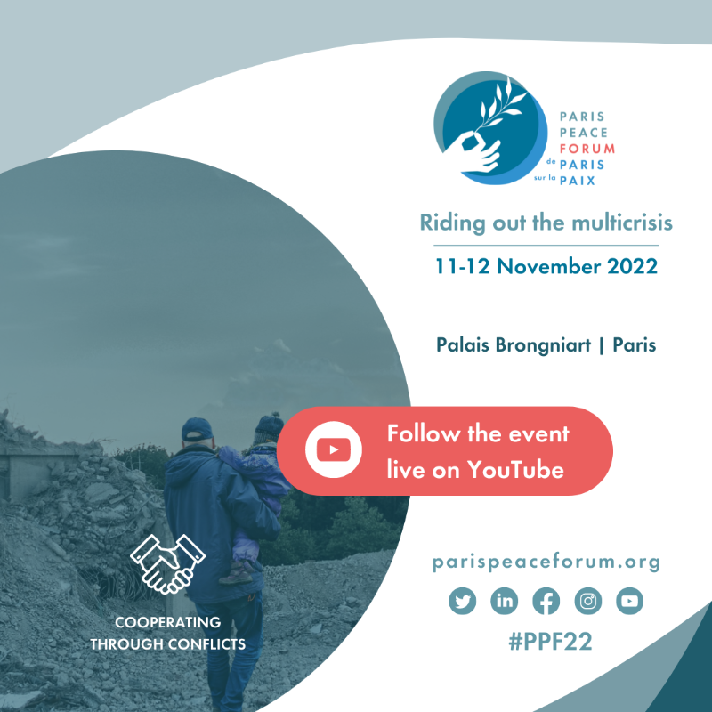 ParisPeaceForum's tweet photo. 🗓️On 11-12 November, follow the 2022 @ParisPeaceForum #PPF22 live on YouTube 🔗 https://t.co/vWO3zOxsx6

⚡️🌍 Taking into account the far-reaching &amp; combined effects of crises across the world on people &amp; global cooperation, the program will focus on Riding out the multicrisis ↓