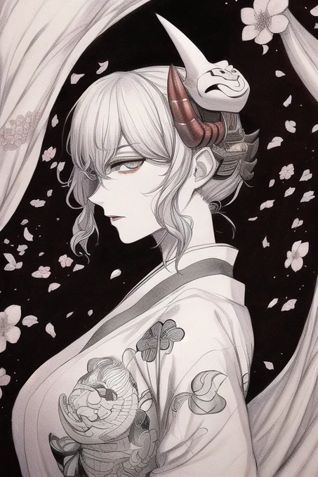 鬼娘 "hannya"(般若)というタグ、つけると勝手に角が生えてくるし、和服も着るし、おっぱいも大きくなる……。  呪文はALTに。 #NovelAI #NovelAIDiffusion