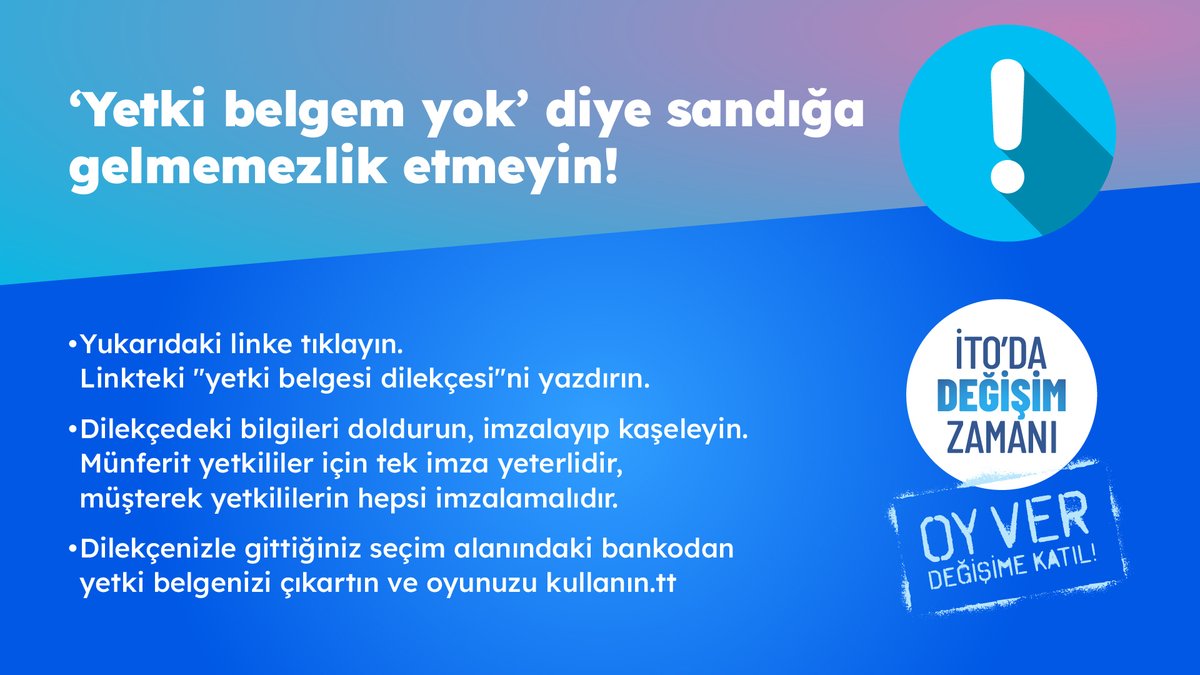 'Yetki belgem yok' diye sandığa gitmemezlik etmeyin! Bugün seçim günü, İstanbul Fuar Merkezi'ne gidiyor, oyumuzu kullanıyoruz. Mavi Liste için sandık başına!

👉Yetki belgesi dilekçesi için: bit.ly/YetkiBelgesiTa…