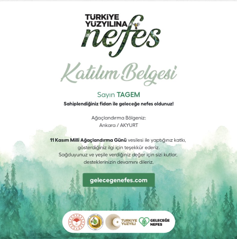 tagemgovtr's tweet photo. 11 Kasım Millî Ağaçlandırma Günü vesilesiyle https://t.co/IFettgFfiN sitesi üzerinden TAGEM olarak fidanımızı sahiplendik. @milliparklar 
Bizde @TIGEM_GM davet ediyoruz.😊

11 Kasım’da 81 ilimizde buluşalım, #TürkiyeYüzyılınaNefes olalım. https://t.co/aL9guwnQWL