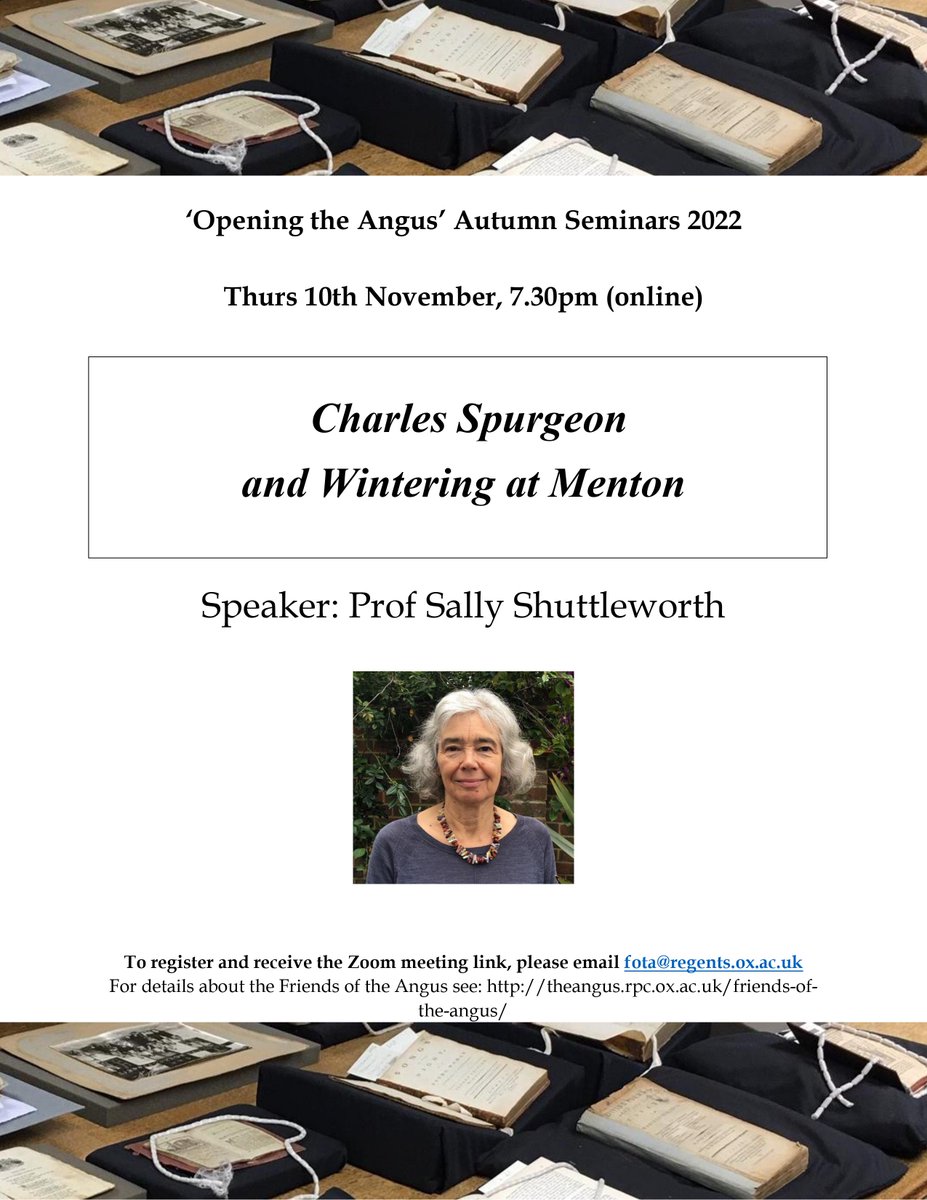 Another update from us! As part of the 'Friends of the Angus' seminar at the Angus library, Sally Shuttleworth (Oxford) will be giving her talk 'Charles Spurgeon and Wintering in Menton'. Sign up for the online seminar below:

facebook.com/photo.php?fbid…