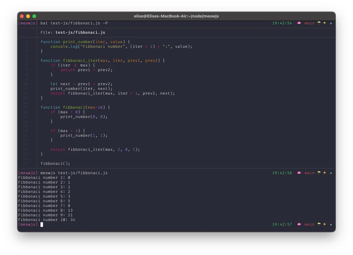 A console window showing the contents of a JS file that implements a recursive fibbonaci sequence generator, and then the script being executed in my EMCAscript interpreter written in Rust generating the first 10 numbers.