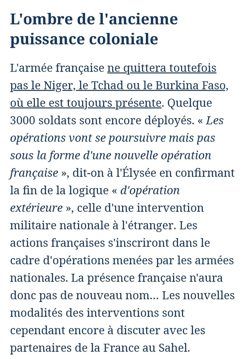 Survie's tweet image. #Sahel

@EmmanuelMacron met fin à l'opération #Barkhane... "et en même temps" maintient 3000 militaires 🇫🇷 sur place, en contournant le contrôle parlementaire minimal existant sur les opérations extérieures (vote sur la prolongation, art. 35 Constitution)
 lefigaro.fr/international/…