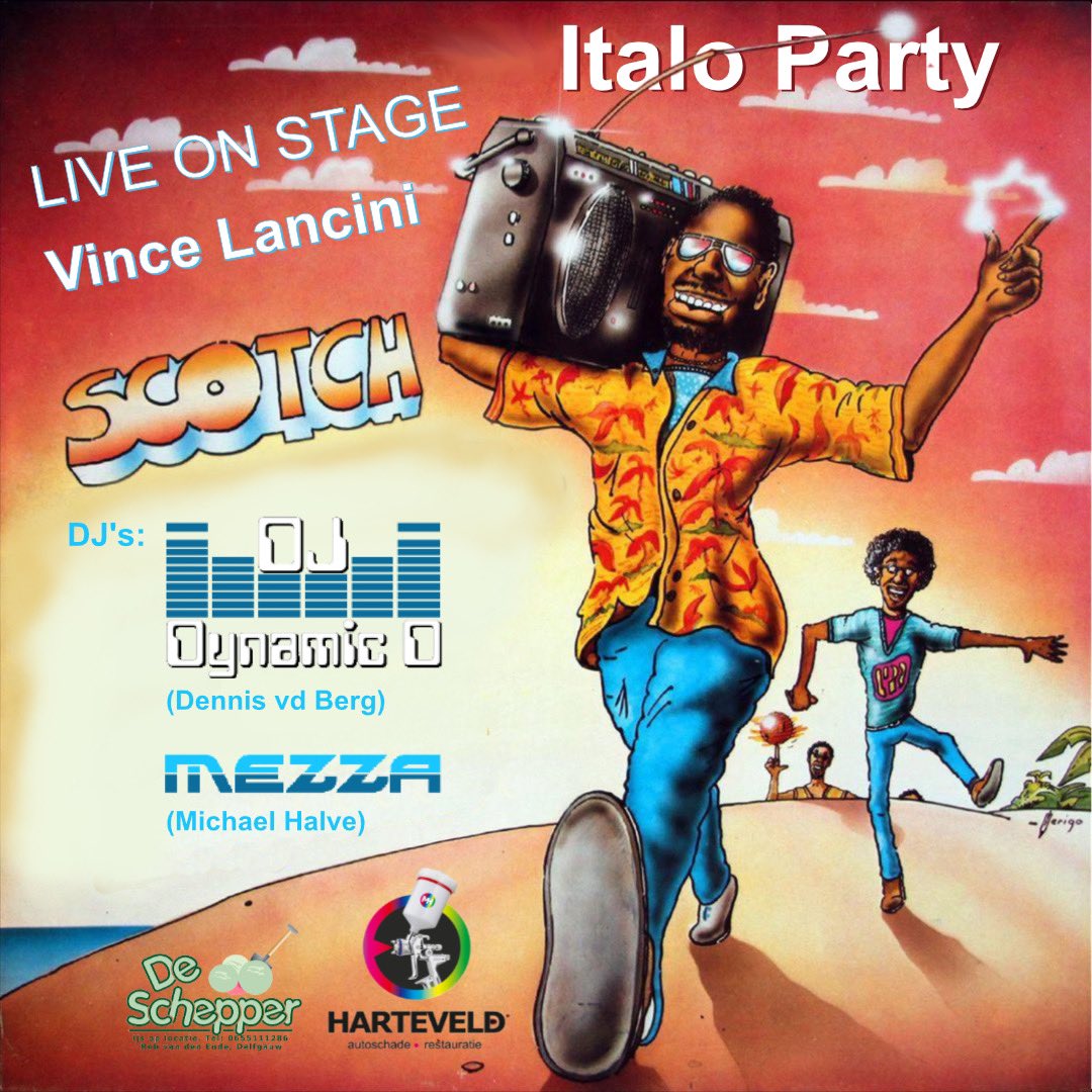 Italoweetje's tweet photo. Zaterdag 11 februari 2023
Italo Party in Cultuurlab Delft @CultuurlabDelft 

Optreden van SCOTCH (Vince Lancini)

DJ's:
Dynamic D (Dennis van den Berg) Mezza (Michael Halve)

Entree: € 25

Tickets zijn nu verkrijgbaar via:
https://t.co/fv47ypWwC0

#italodisco #Italo #Scotch https://t.co/5yoxex407F
