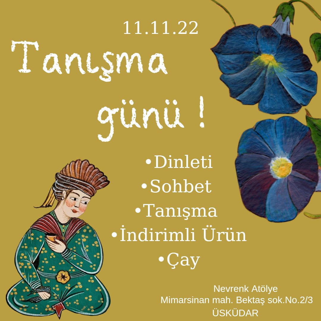 Merhaba
Bu bir açık kapı davetidir☺️
Cuma günü <a href="/nevrenk/">Nevrenk Atölye</a> atölyede buluşuyoruz, tanışıyoruz, sohbet edip güzel müzikler dinliyoruz✨
Atölye günü içeriği şöyledir:
12.00-17.30 tanışma, herkese açık ziyaret.
 18.00-18.30 sevgili Betül ve Gülfer Bilge ile dinleti 🧡