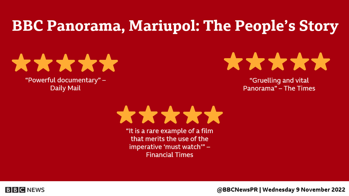 BBCNewsPR's tweet photo. ⭐️⭐️⭐️⭐️⭐️
"Gruelling and vital Panorama"

The critically-acclaimed @BBCPanorama, Mariupol: The People’s Story, is told and filmed by the city’s residents. A story of loss, bravery and determination.

Available on @BBCiPlayer now

https://t.co/dNteqs99UZ https://t.co/Yygv5Fwo56