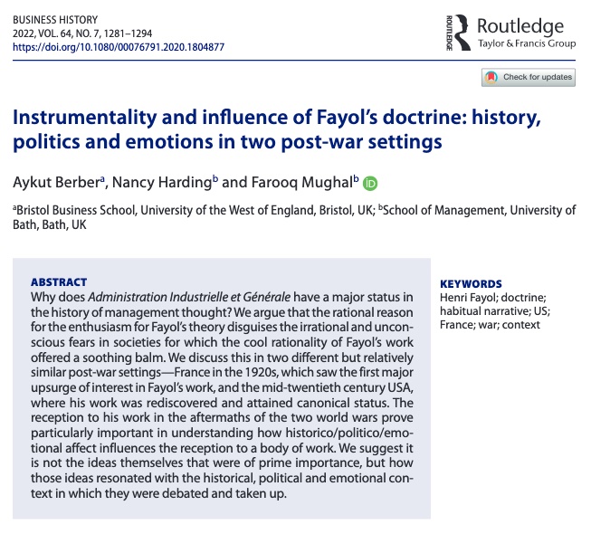 BH__journal's tweet photo. Aykut Berber, Nancy Harding, and Farooq Mughal on the key role and impact of Henri Fayol
“Instrumentality and Influence of #Fayol’s Doctrine: History, Politics and Emotions in Two Post-War Settings”
https://t.co/H2rTytOKwg
#bizhis #theory #management https://t.co/5t92ahF037