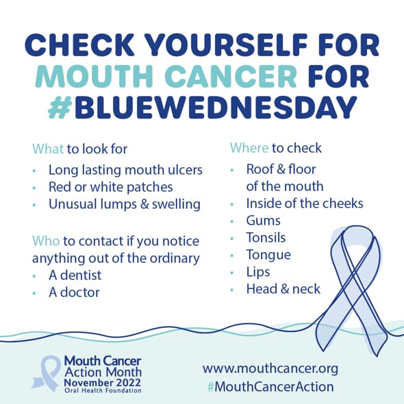 It takes less than a minute to check yourself for #MouthCancerActionMonth #bluewednesday 
If in doubt, refer. If in doubt get checked out by your #dentalteam Early detection saves lives.